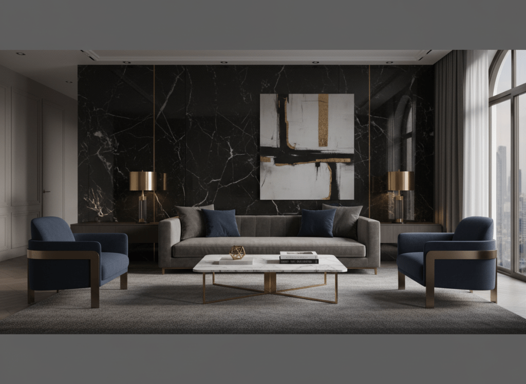A modern luxury interior design background for a home page hero section, featuring elegant living room with marble textures, brass accents, and dark neutral tones, wide banner composition, minimal text-safe area